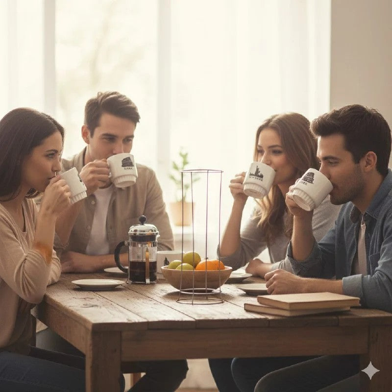 JUEGO DE 4 TAZAS DE CAFE APILABLES CON ESTANTE DE METAL 9x9 cm