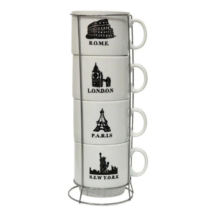 JUEGO DE 4 TAZAS DE CAFE APILABLES CON ESTANTE DE METAL 9x9 cm