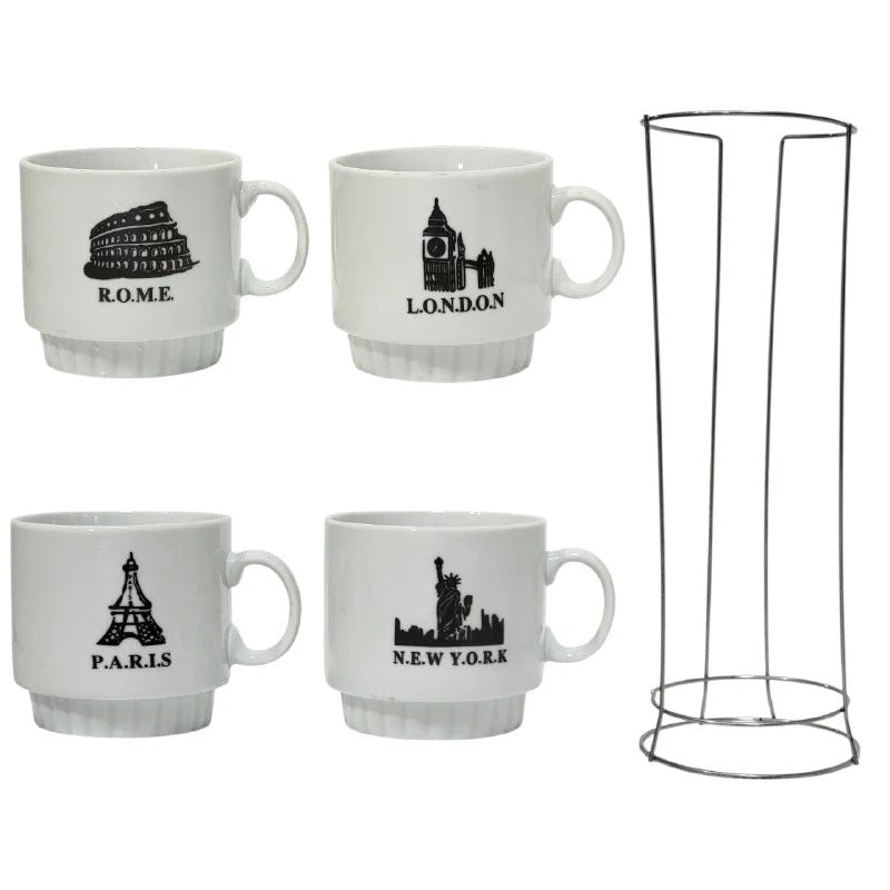 JUEGO DE 4 TAZAS DE CAFE APILABLES CON ESTANTE DE METAL 9x9 cm